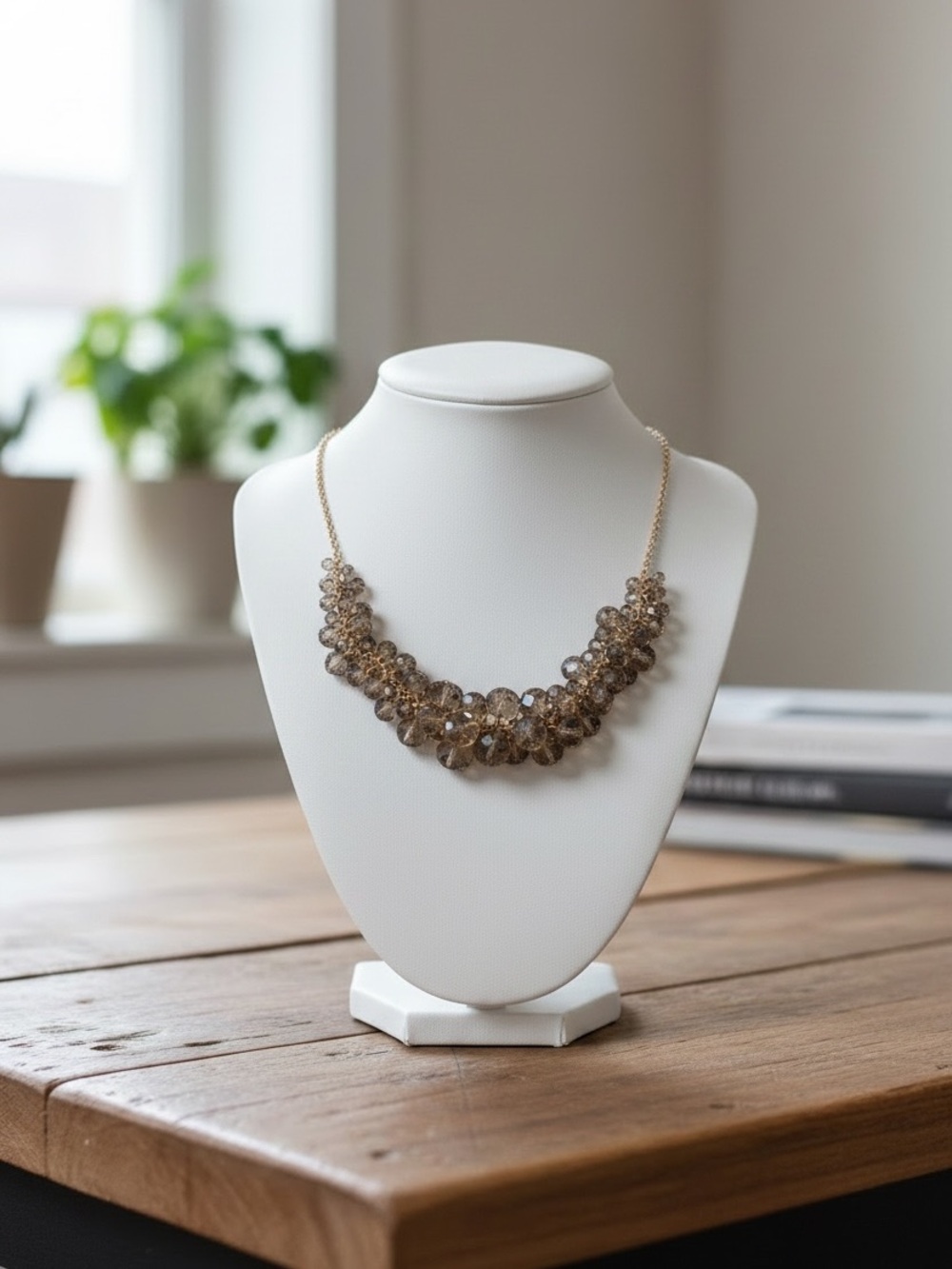 Gold-Tone Brown Crystal Cluster Necklace